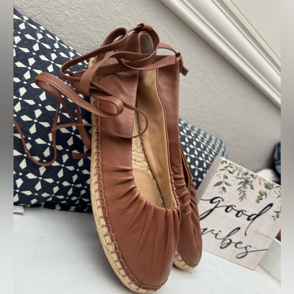 Size 11  leather lace up espadrilles Lauren COGNAC - Picture 2 of 8